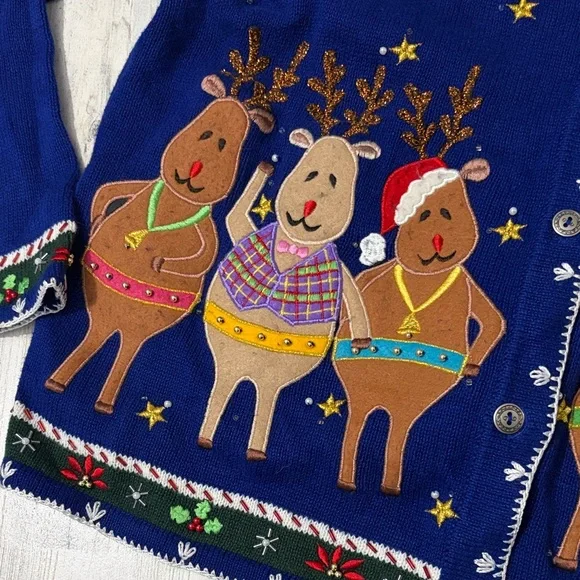 Vintage Blue Festive Christmas Cardigan Size Large - Picture 2 of 13